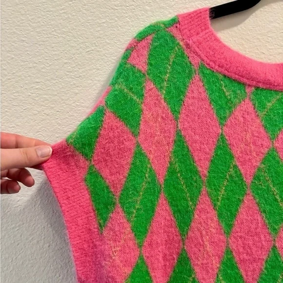 Free People Through The Motions Argyle Sweater Vest, pink + green, size S - Picture 5 of 7